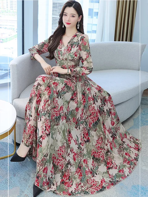 knee length dresses for ladies Floral Print Square Neck Maxi Dress